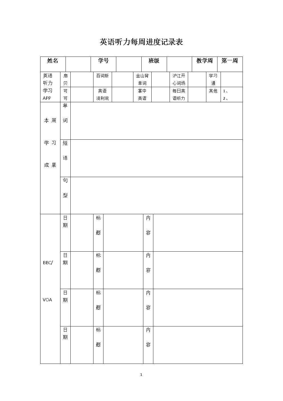 英语听力每周进度表.doc
