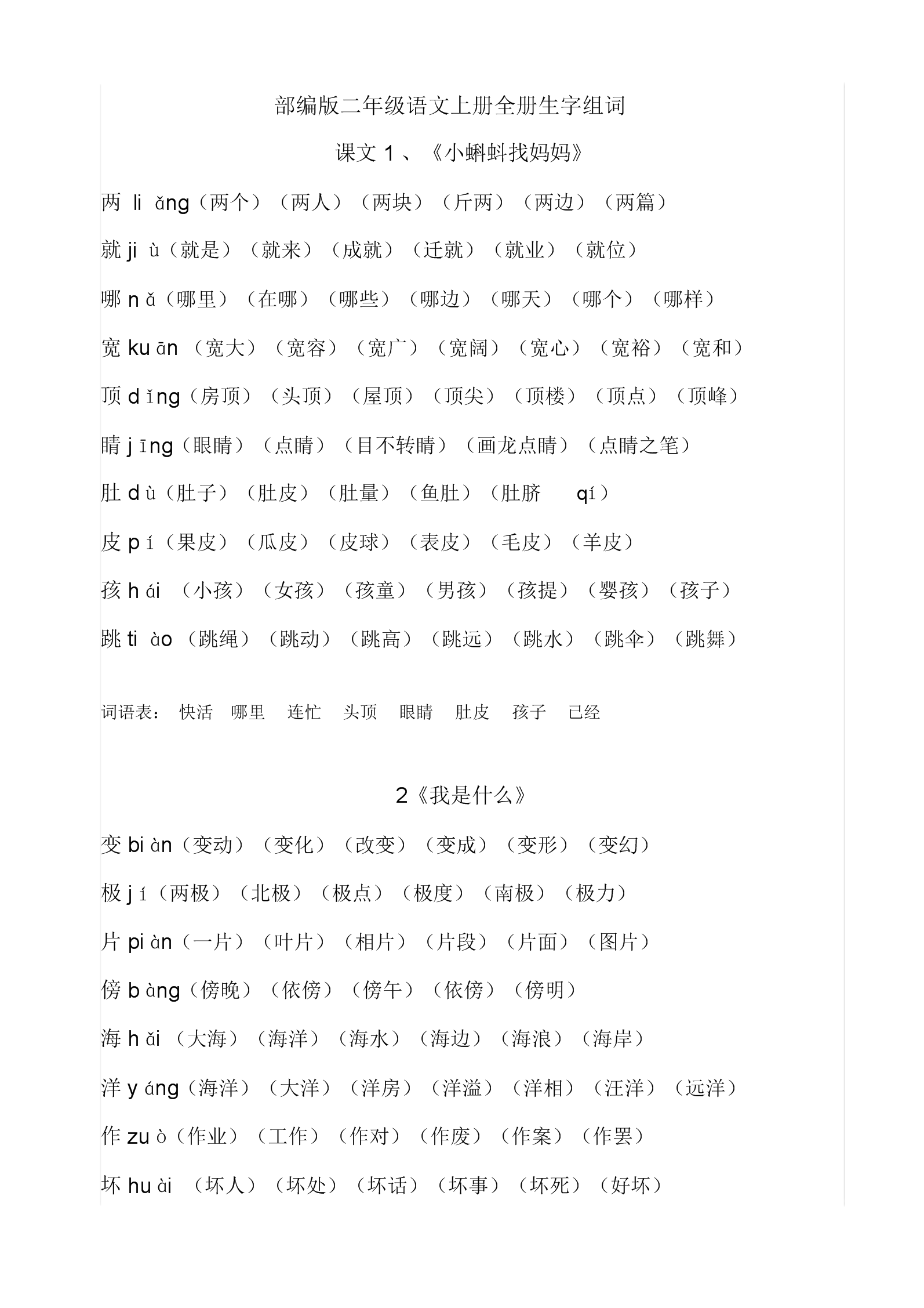 部编版本小学二年级语文上册的全册生字数组词汇总.docx 15页