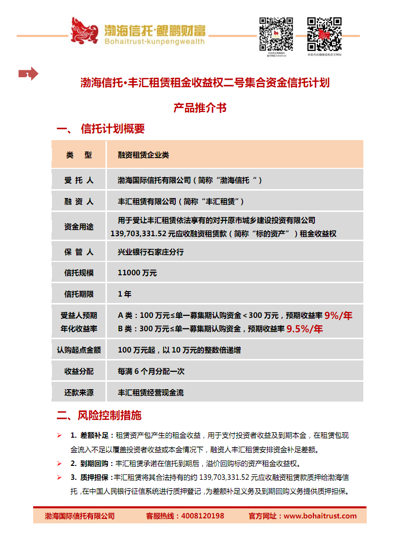 渤海信托丰汇租赁租金收益权二号集合资金信托