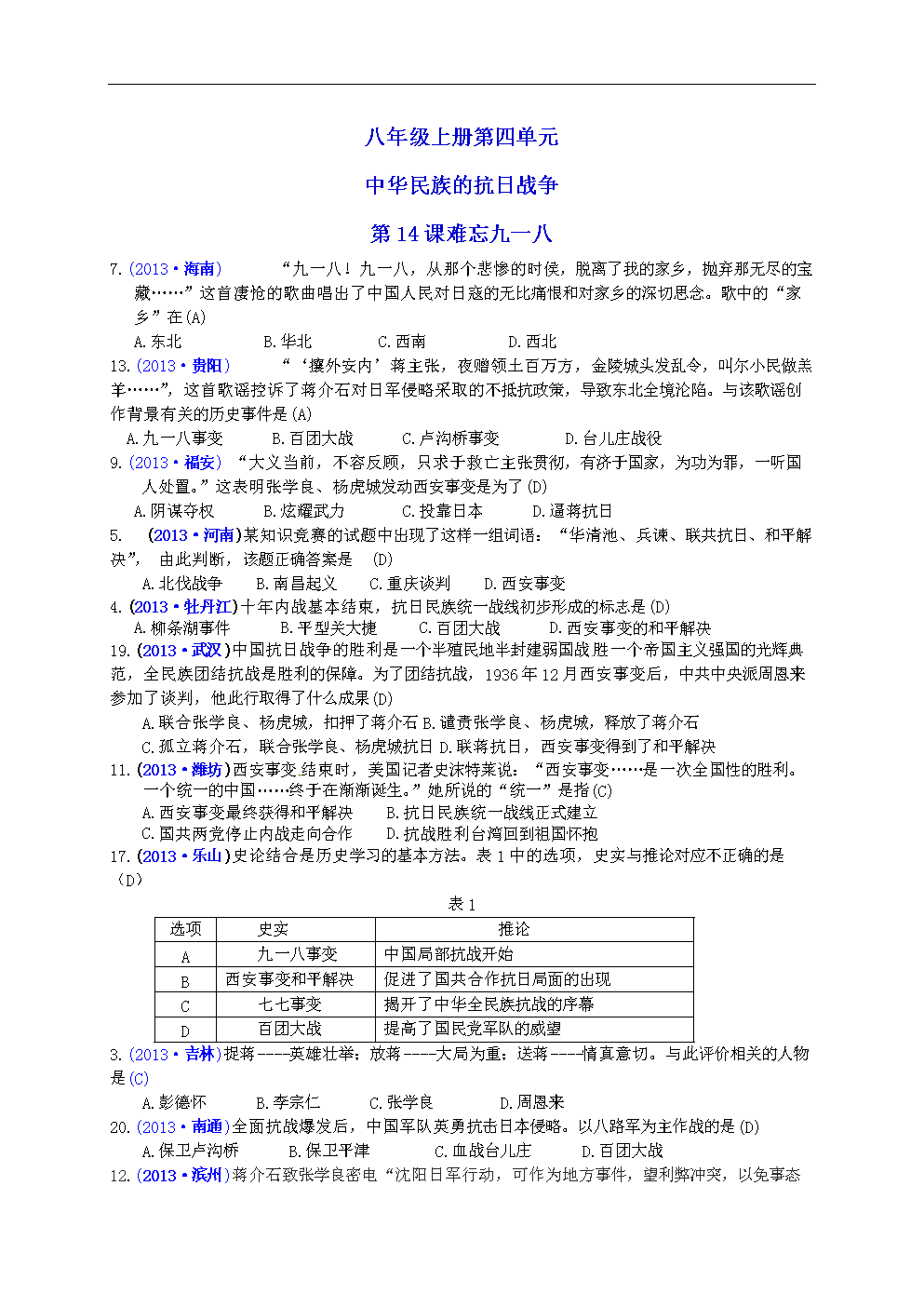 中考试题历史分类汇编(八上按章节);第四单元.