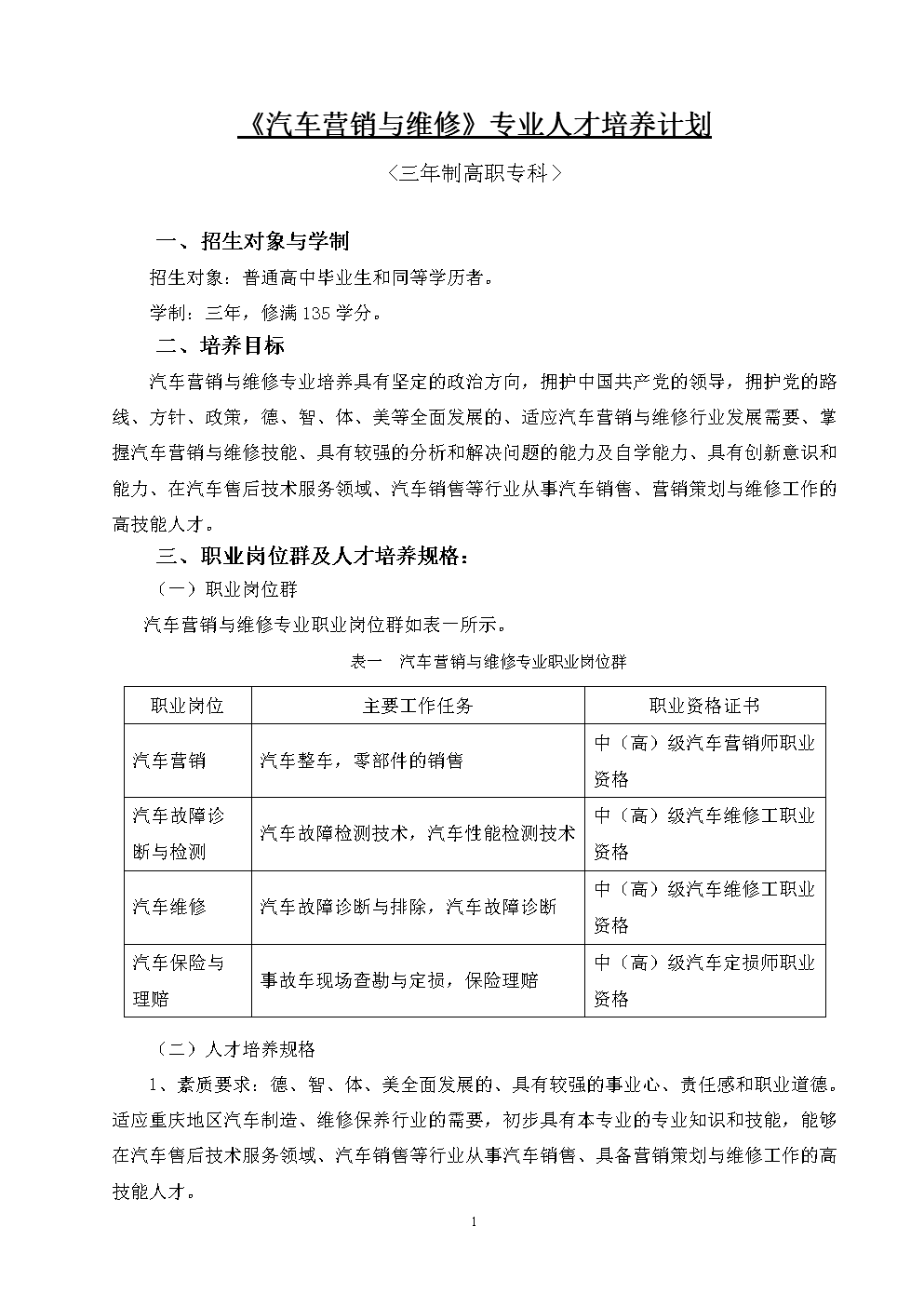 修订高职专业人才培养计划汽车营销及维修专业
