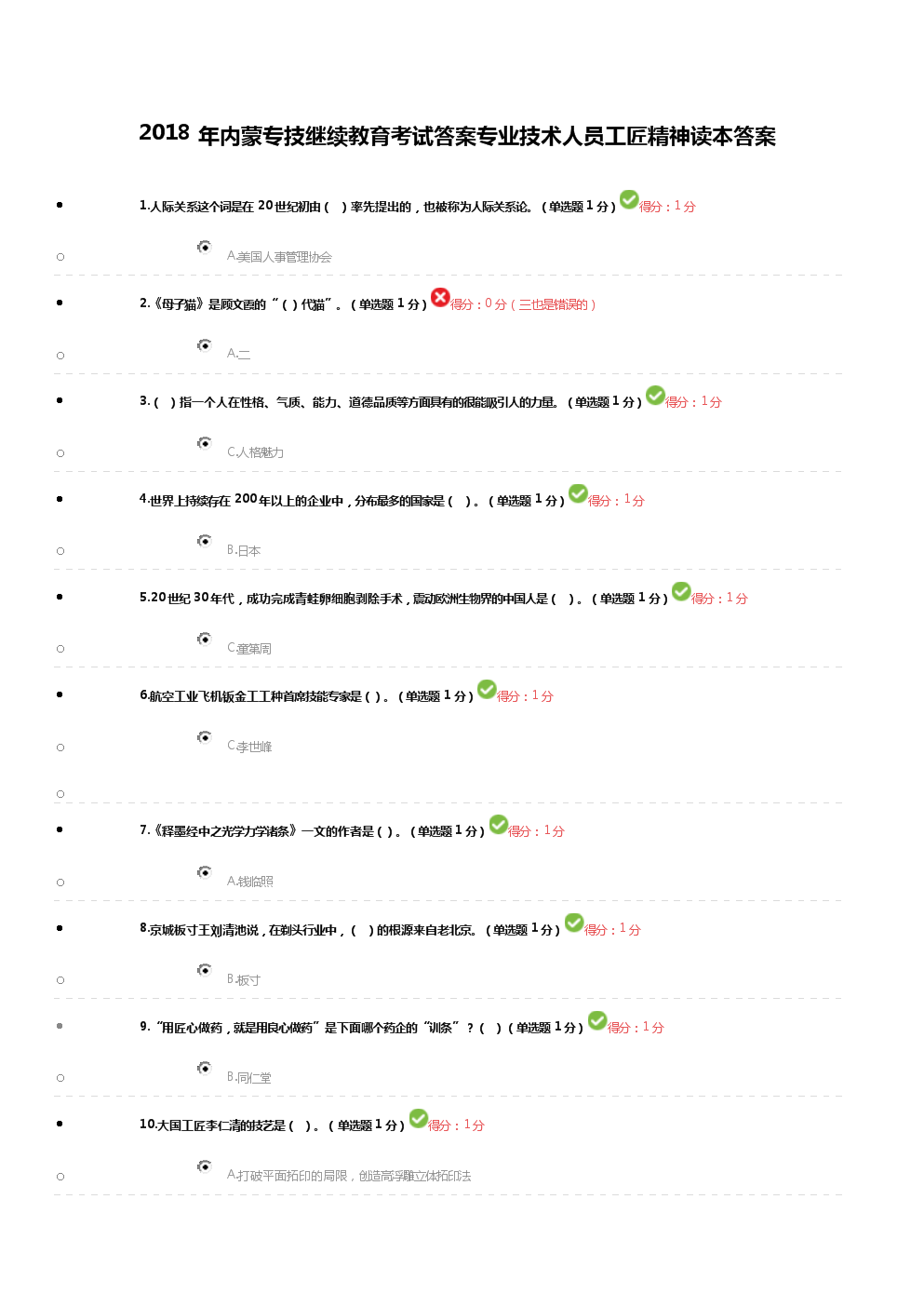 2018年内蒙继续教育考试-专业技术人员工匠精