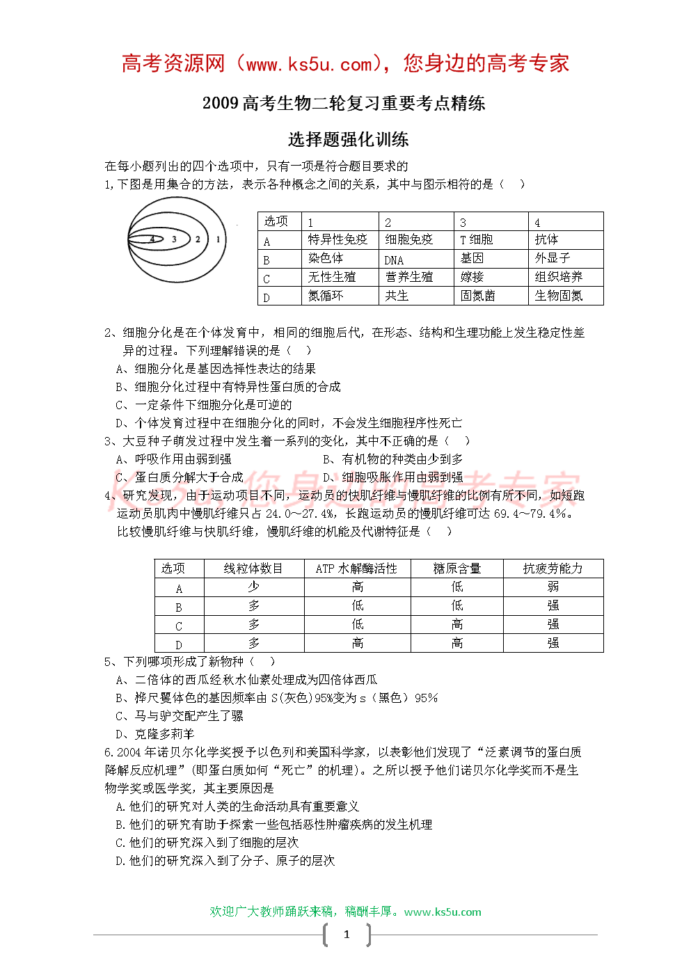 2009高考生物二轮复习重要考点精练选择题强