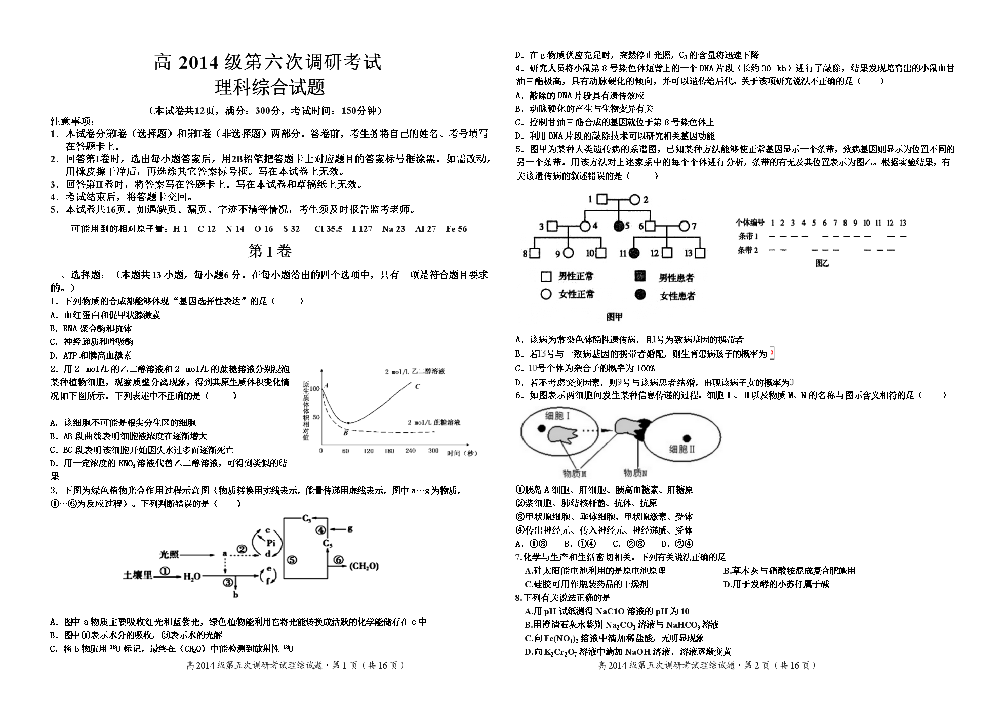 2014级高三理综考试试卷(已排版).doc