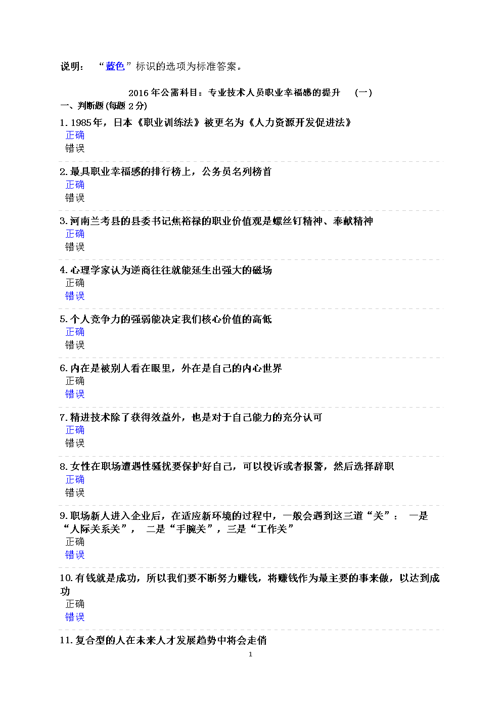 2016年公需科目专业技术人员职业幸福感的提