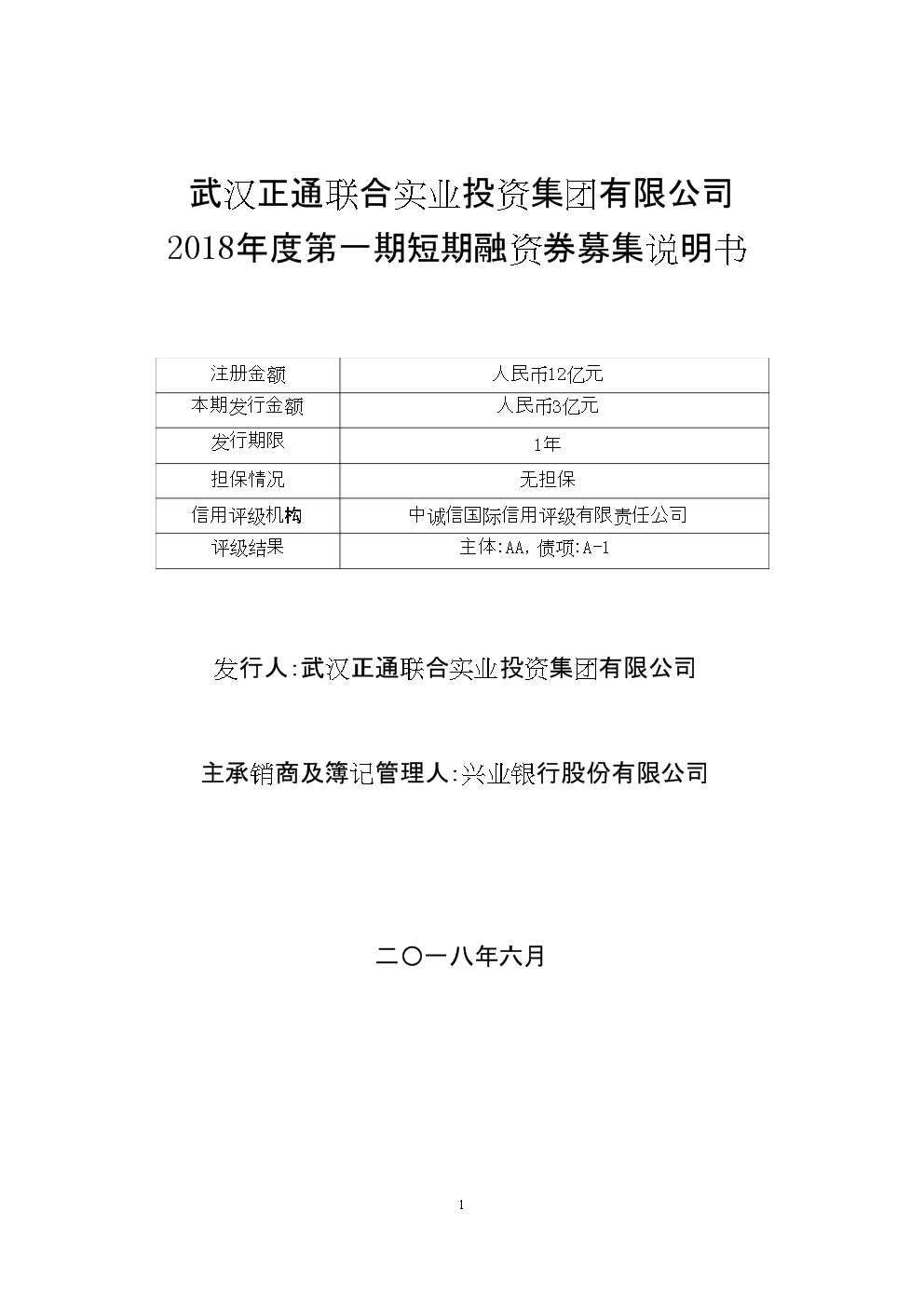 武汉正通联合实业投资集团有限公司2018第一