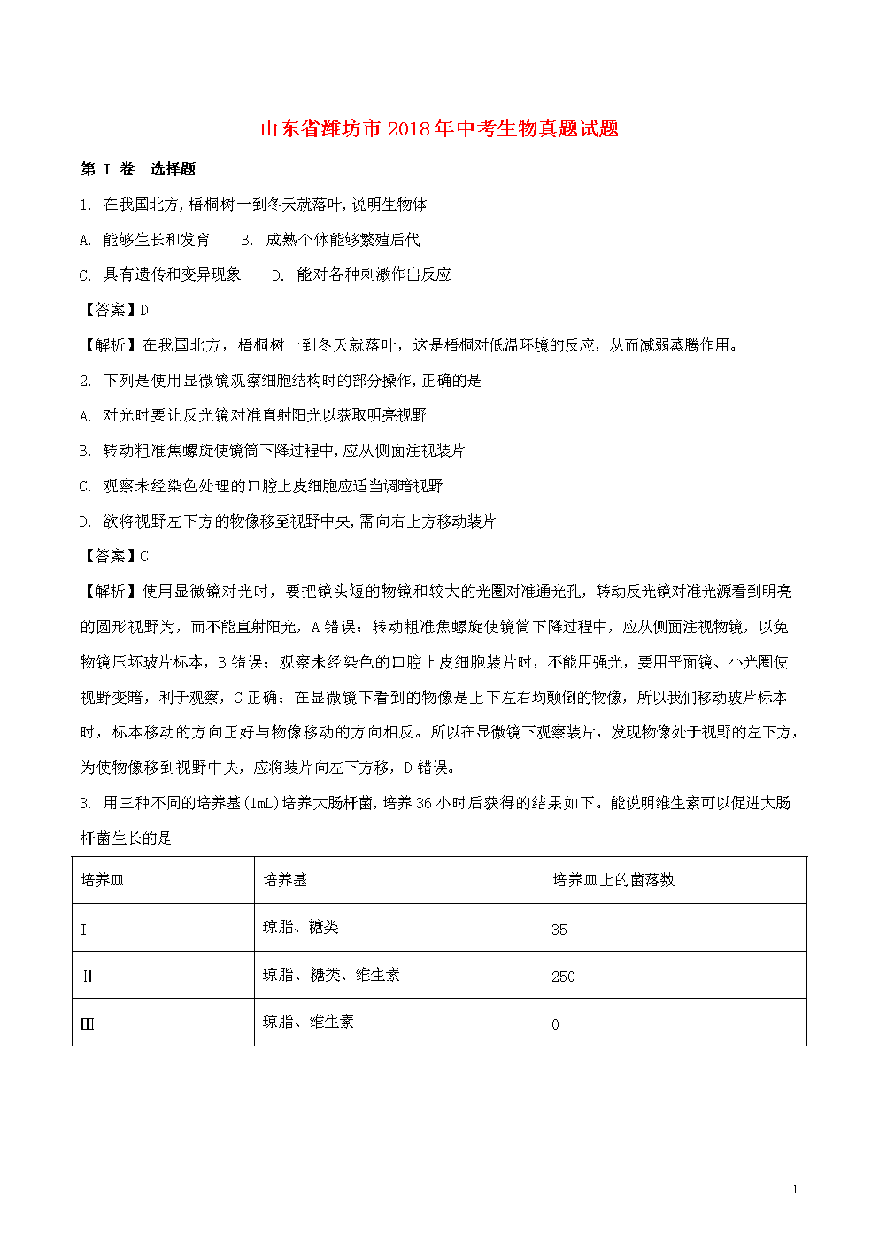 山东省潍坊市2018年中考生物真题试题(含解析