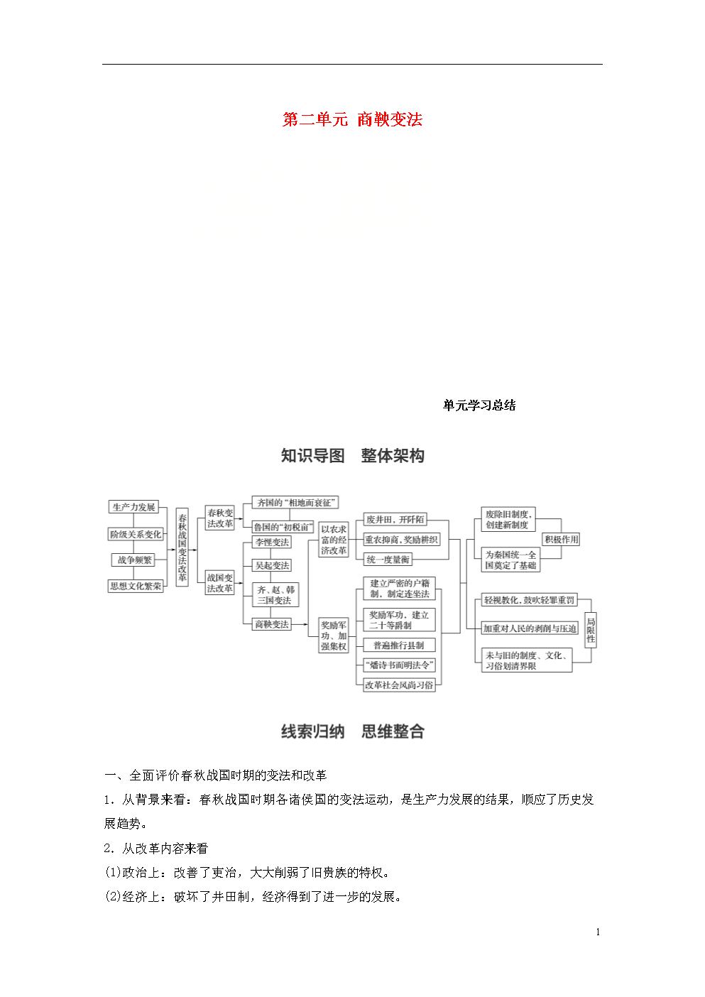 2017_2018学年高中历史第二单元商鞅变法单元学习总结教学案新人教版